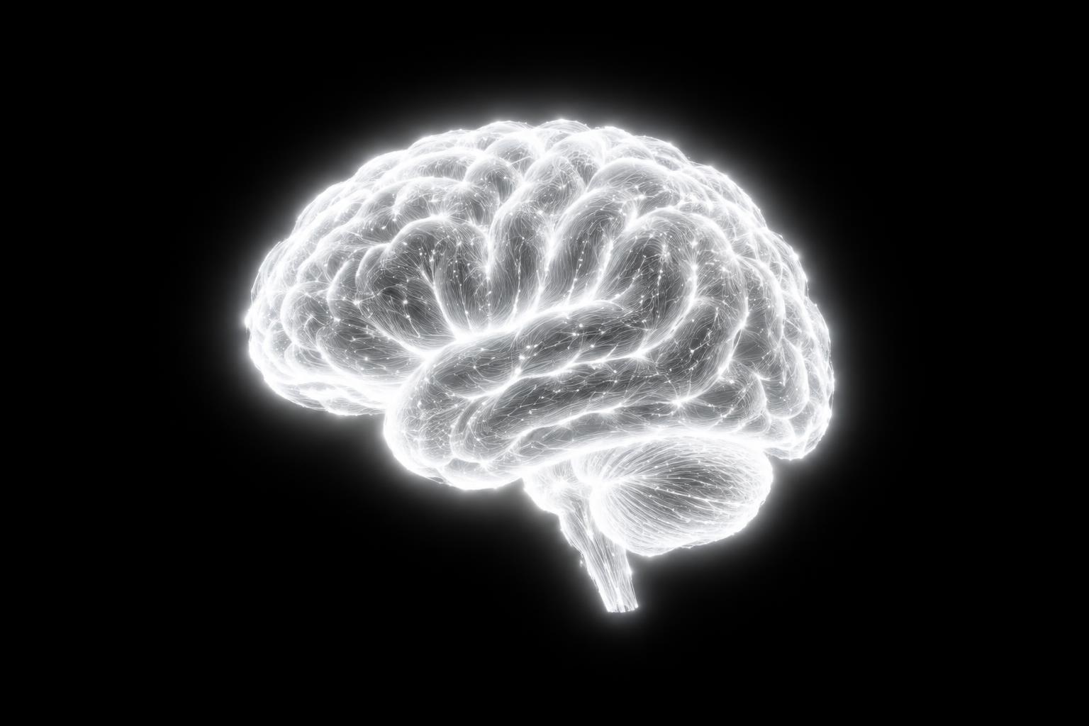 A glowing white brain made of fine neural filaments floating on a pure black background