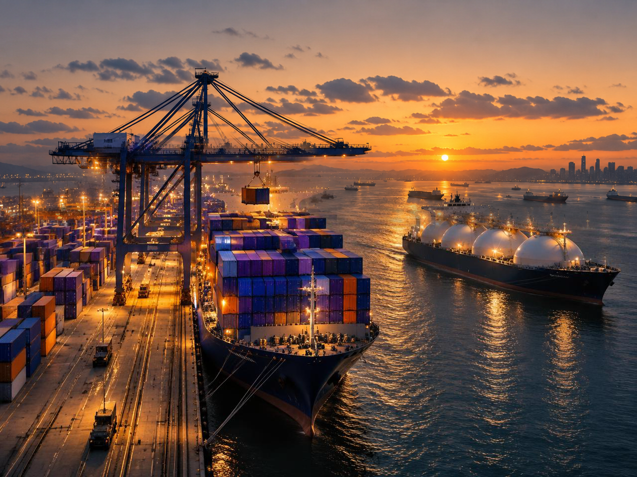 Container ship and tanker at a glowing port under a clean golden sunset sky