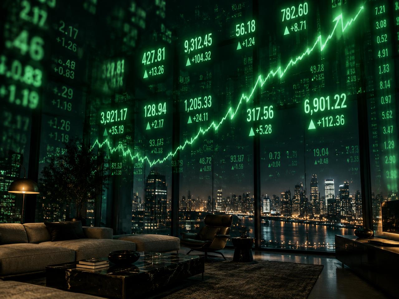 Giant glowing green stock quotes and a rising chart of light above a city skyline at night