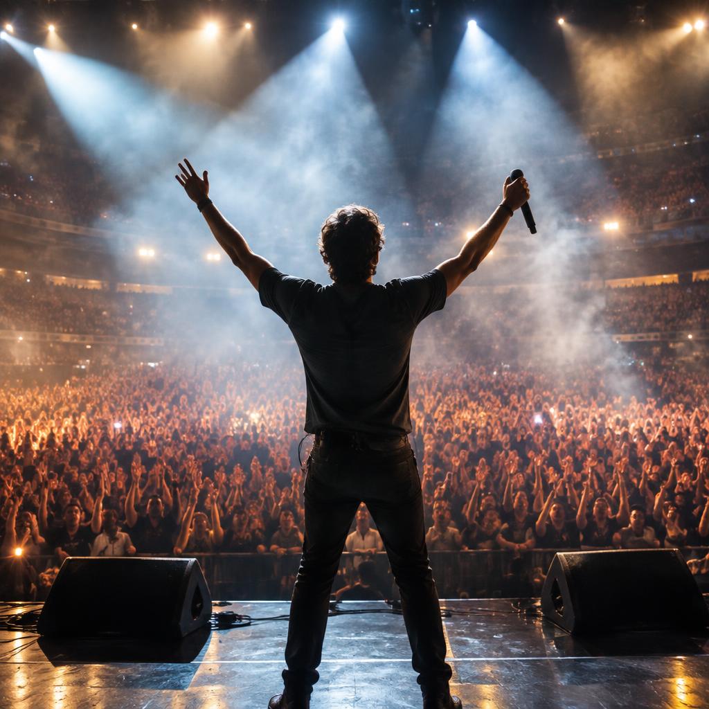 Singer on stage under spotlights facing a cheering arena crowd