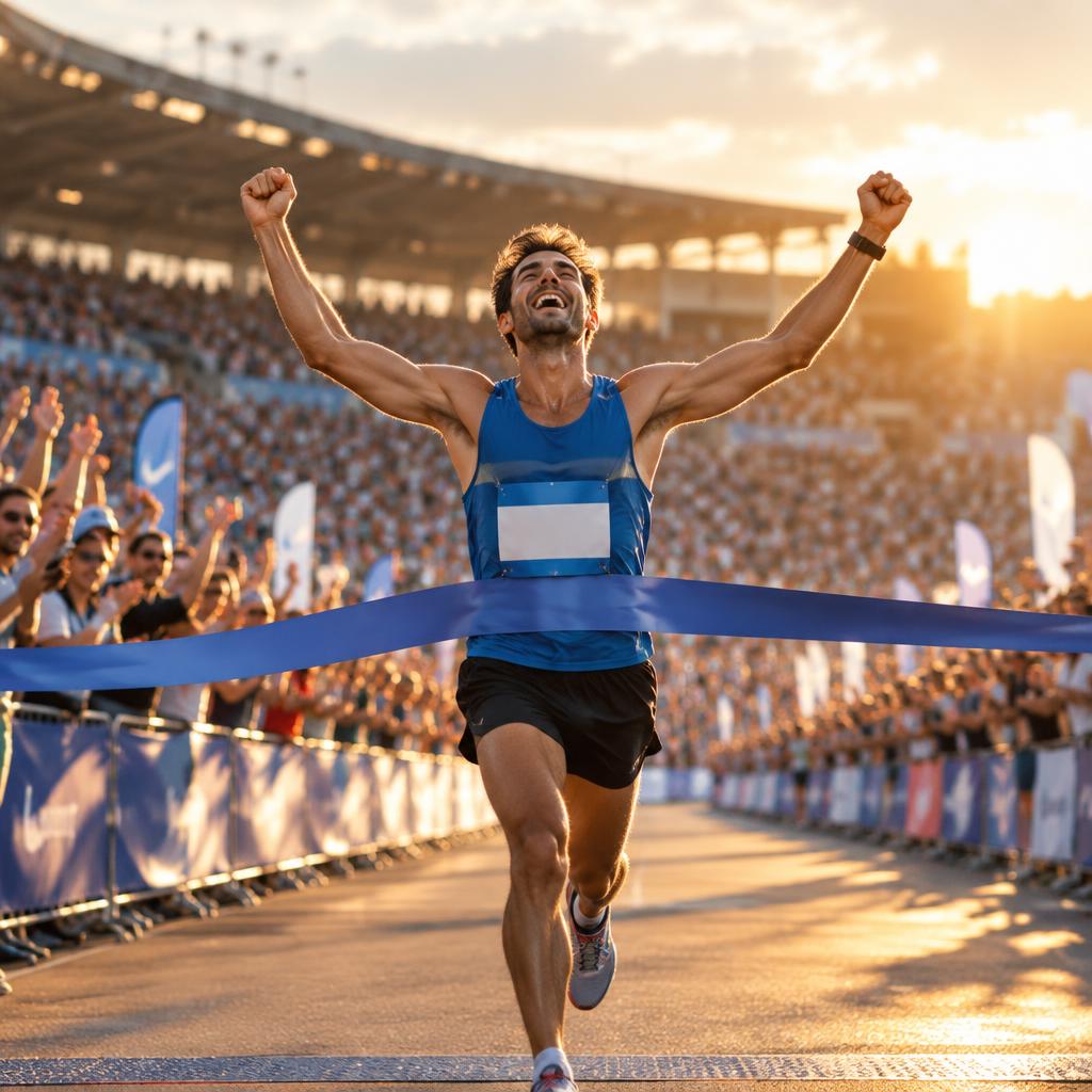Runner breaking the finish-line tape, arms raised