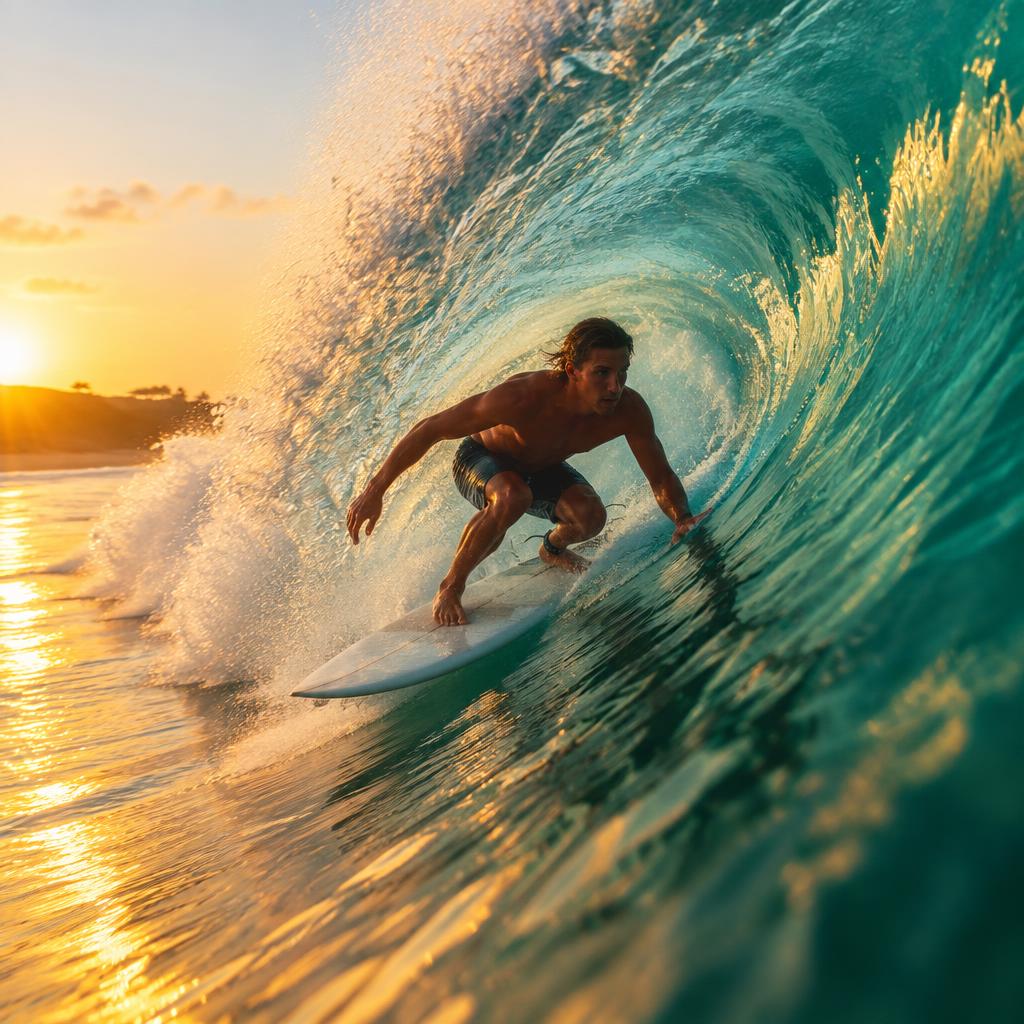 Surfer riding a golden-hour barrel wave