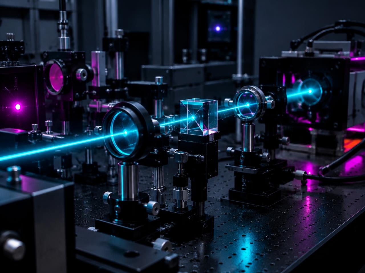 Blue laser beam crossing a photonics research bench