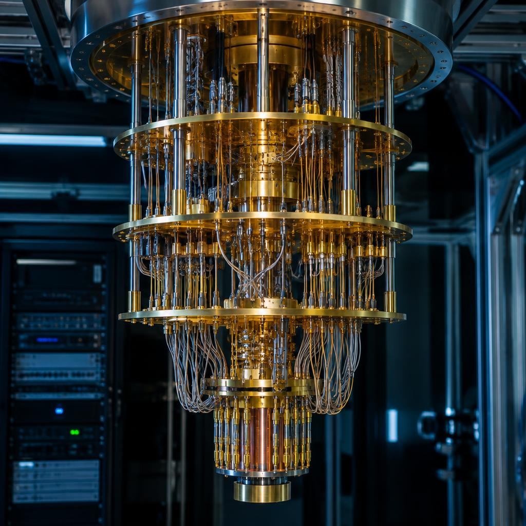 Gold quantum computing cryogenic instrument in a research lab