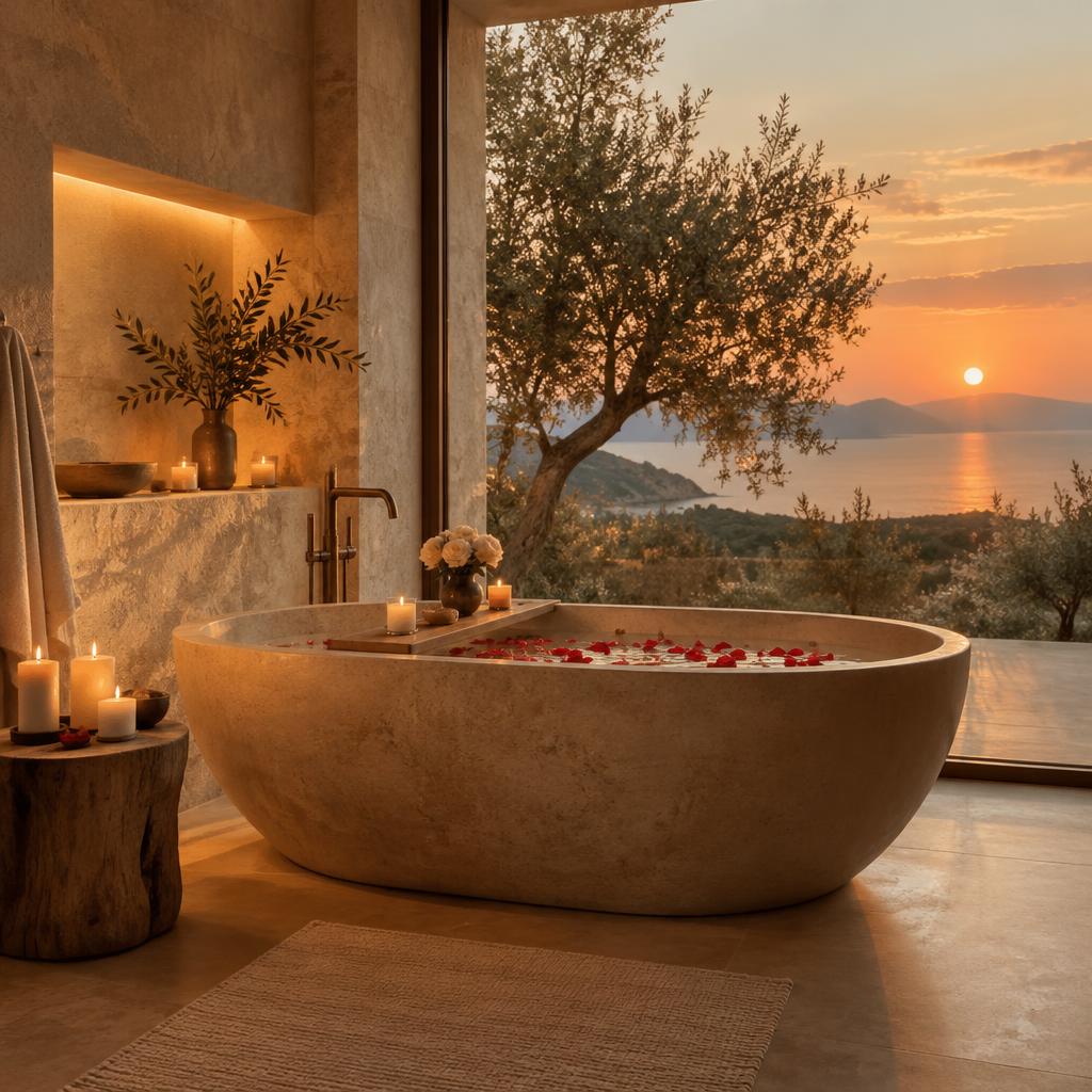 Stone tub with rose petals and candles beside a window of olive trees and the sea at sunset