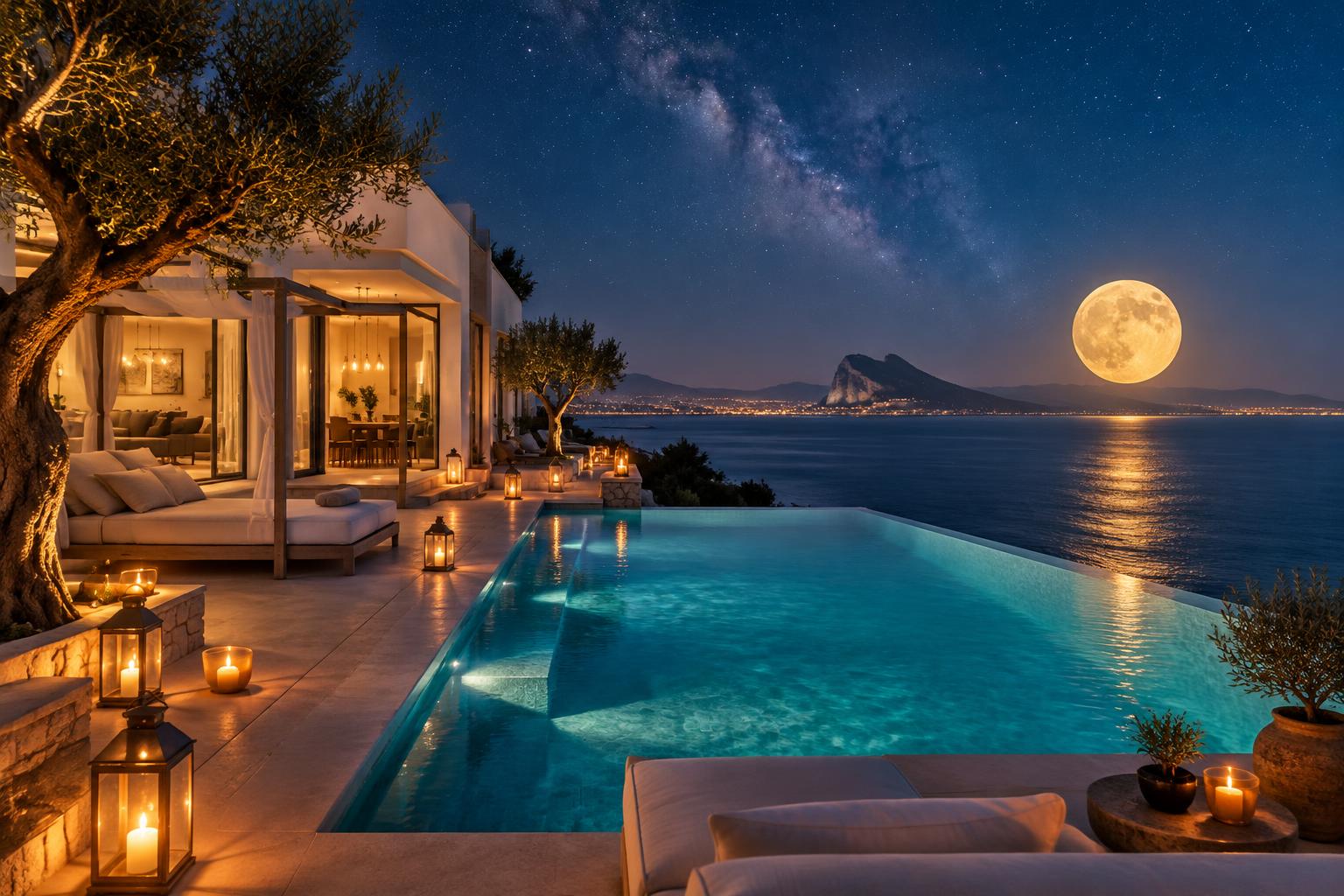 Candlelit white villa with a glowing infinity pool under a giant full moon and the Milky Way, Gibraltar on the horizon