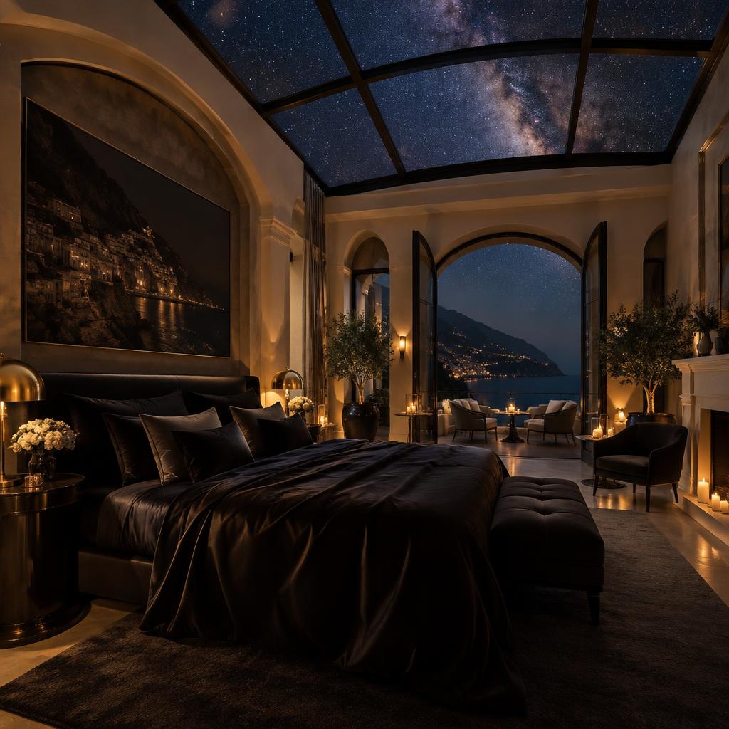 Candlelit suite with black silk sheets under a glass ceiling open to the Milky Way