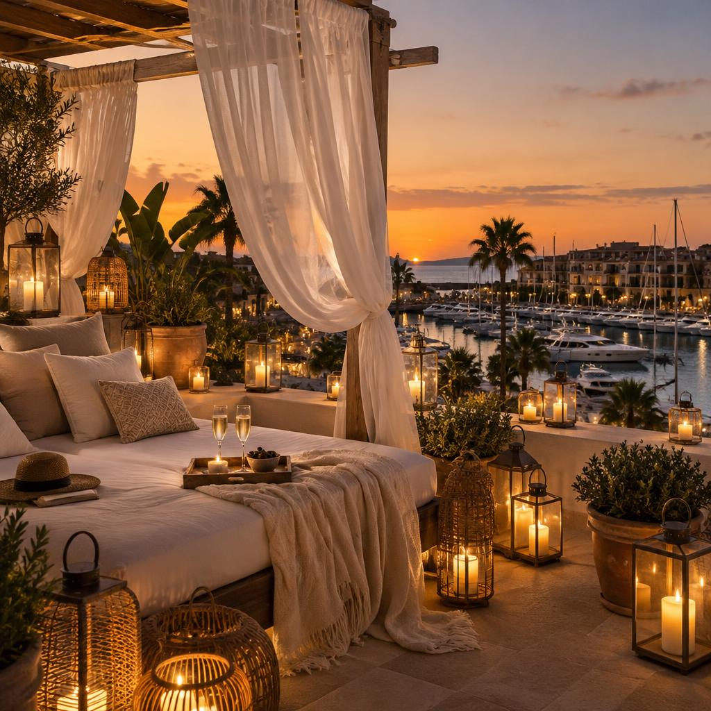Lantern-lit rooftop canopy daybed with champagne above the Sotogrande marina at sunset