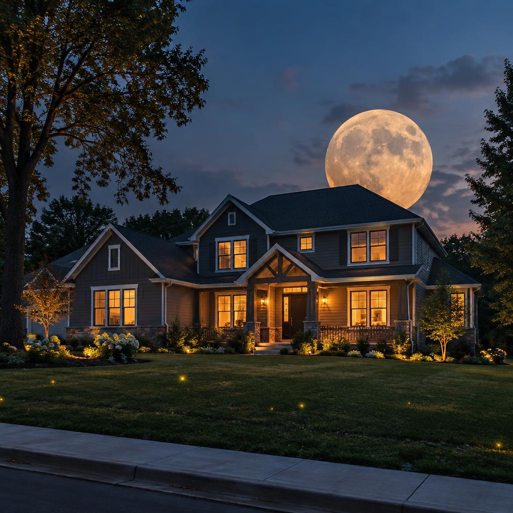 Modern American home at dusk under a rising full moon, fireflies over the lawn