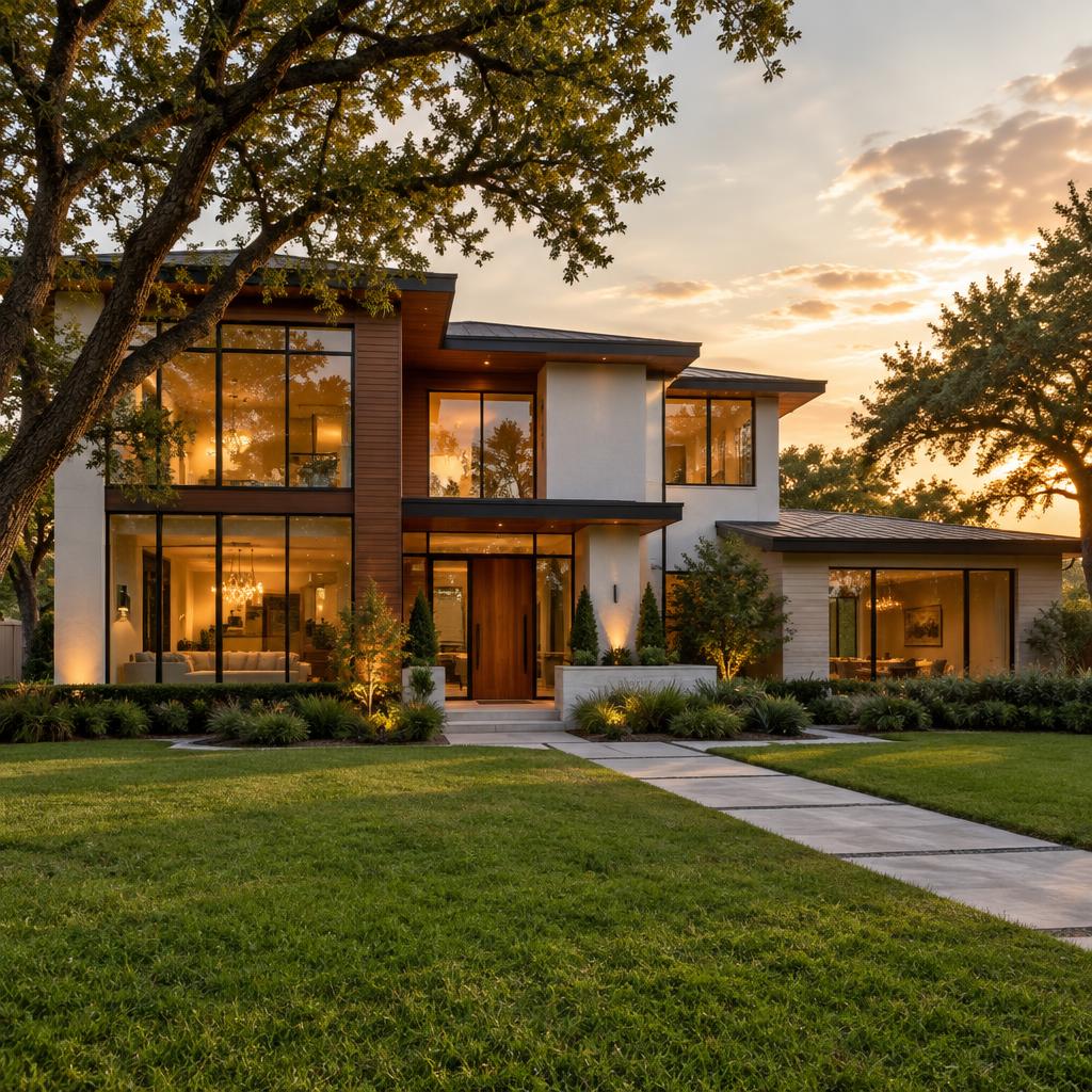 Modern American house with wood-slat facade and glowing glass at golden hour