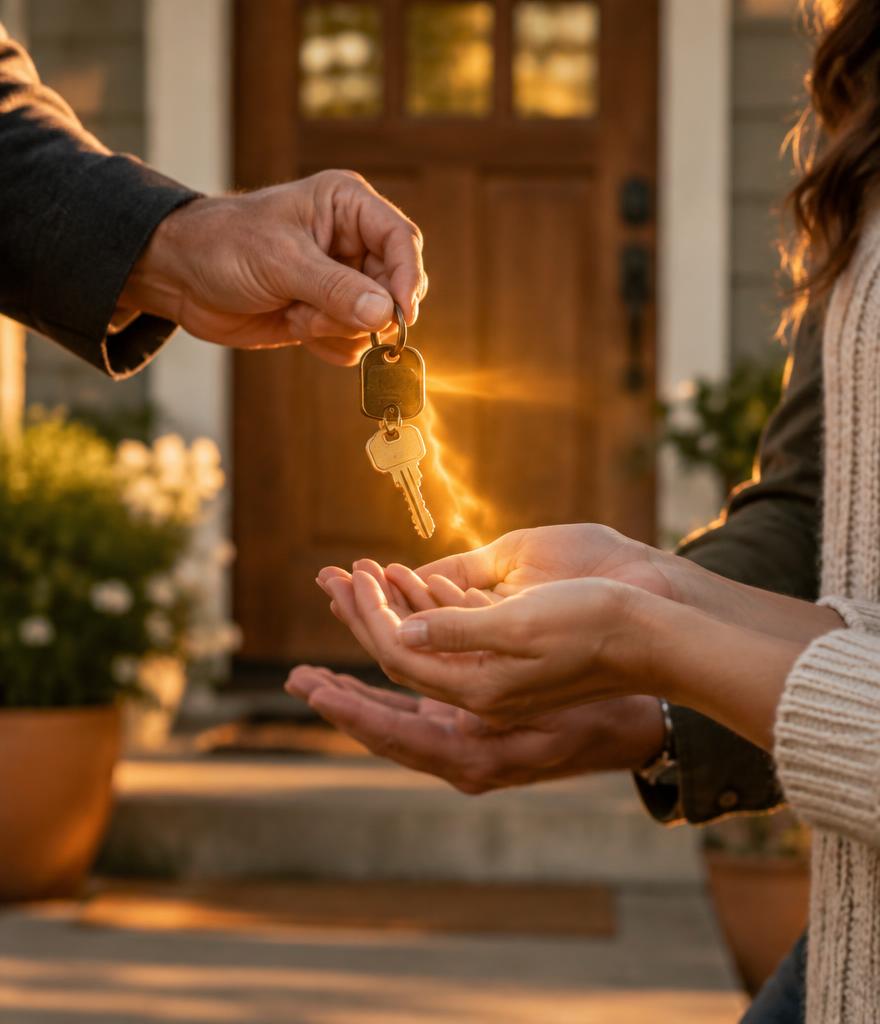 Hands passing the keys to a new home at a modern American doorstep in golden light