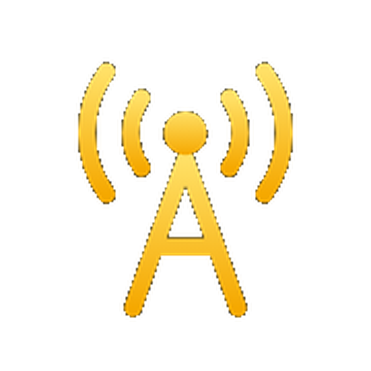 Gold broadcast antenna radiating signal waves on a dark background — the OTELLME logo