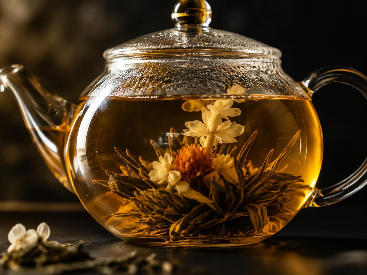Flowering tea blooming in a glass teapot