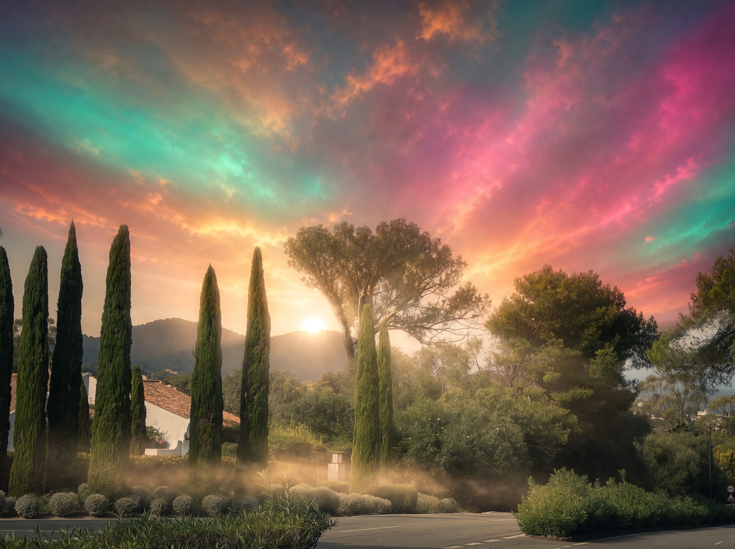 Cypress trees and a whitewashed villa in golden dawn light and glowing mist, next to the Los Alcornocales natural park near Sotogrande