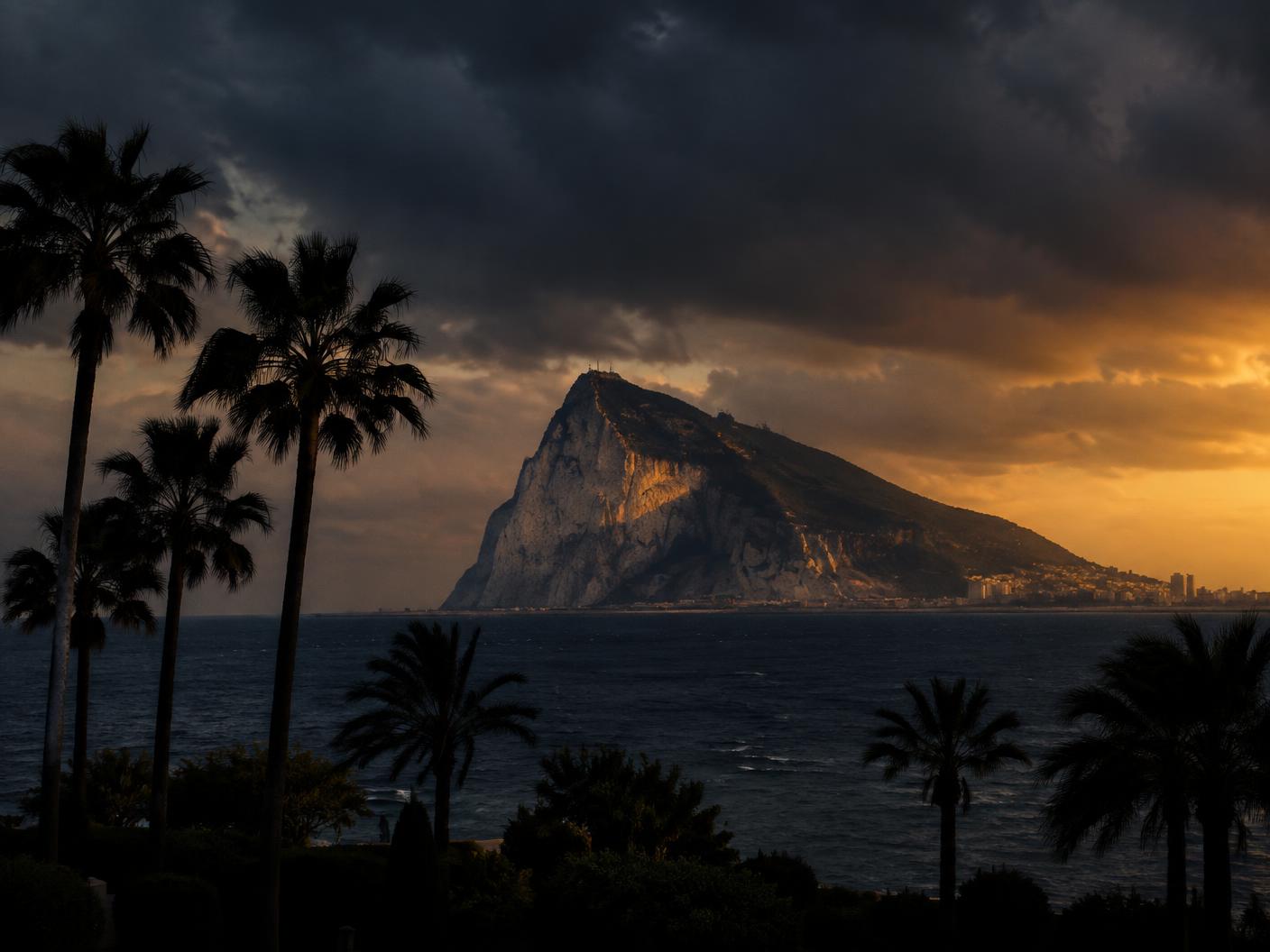 The Rock of Gibraltar at dusk, seen from Sotogrande