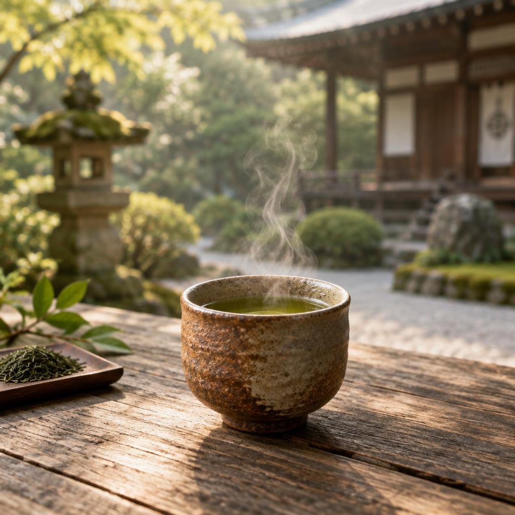 Brewed green meditation tea in a rustic clay cup, steam rising