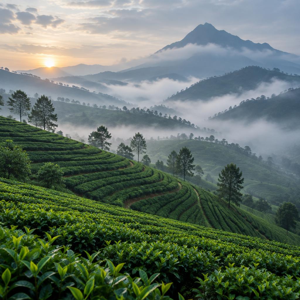 Misty green tea garden on terraced hills at sunrise
