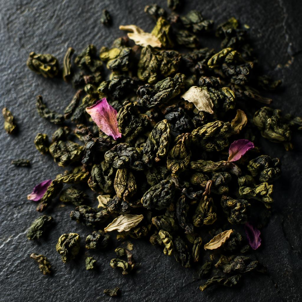 Loose leaf meditation tea with dried petals on dark stone