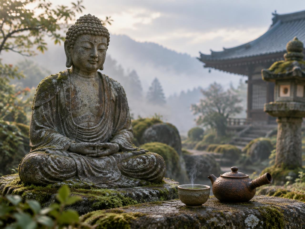 Zen stone Buddha beside a cup of steaming meditation tea