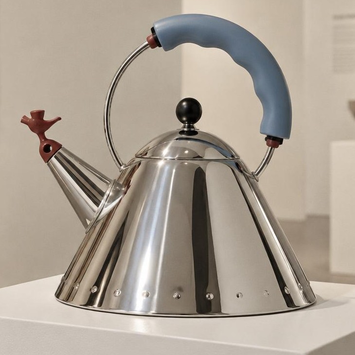Polished chrome postmodern kettle with a red bird whistle on a white gallery plinth
