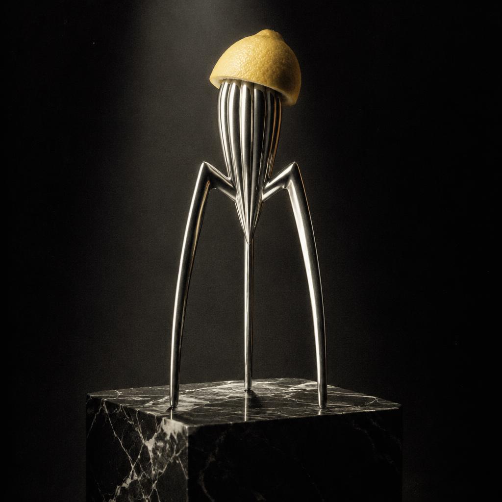 Sculptural three-legged polished aluminum citrus squeezer on black marble