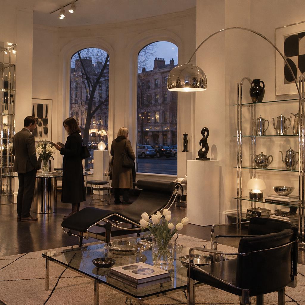 An evening design-store interior with chrome lamps, a black chaise and glass shelves of silver objects
